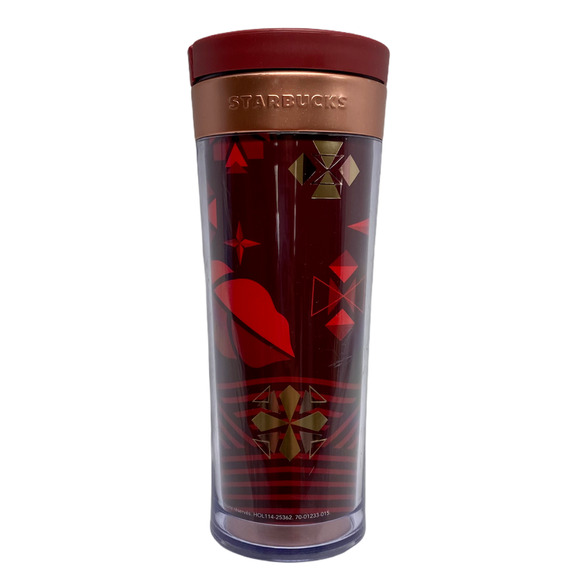 Starbucks 12oz Travel Coffee Tea Mug Red & Gold With Stars & Leaves Acrylic - Picture 1 of 10